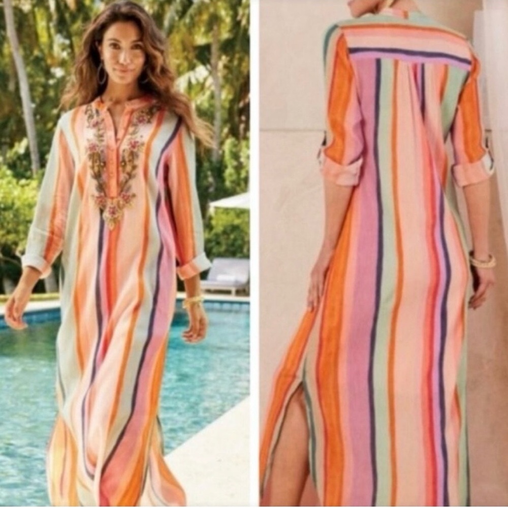 Embroidered beaded gauze striped maxi dress